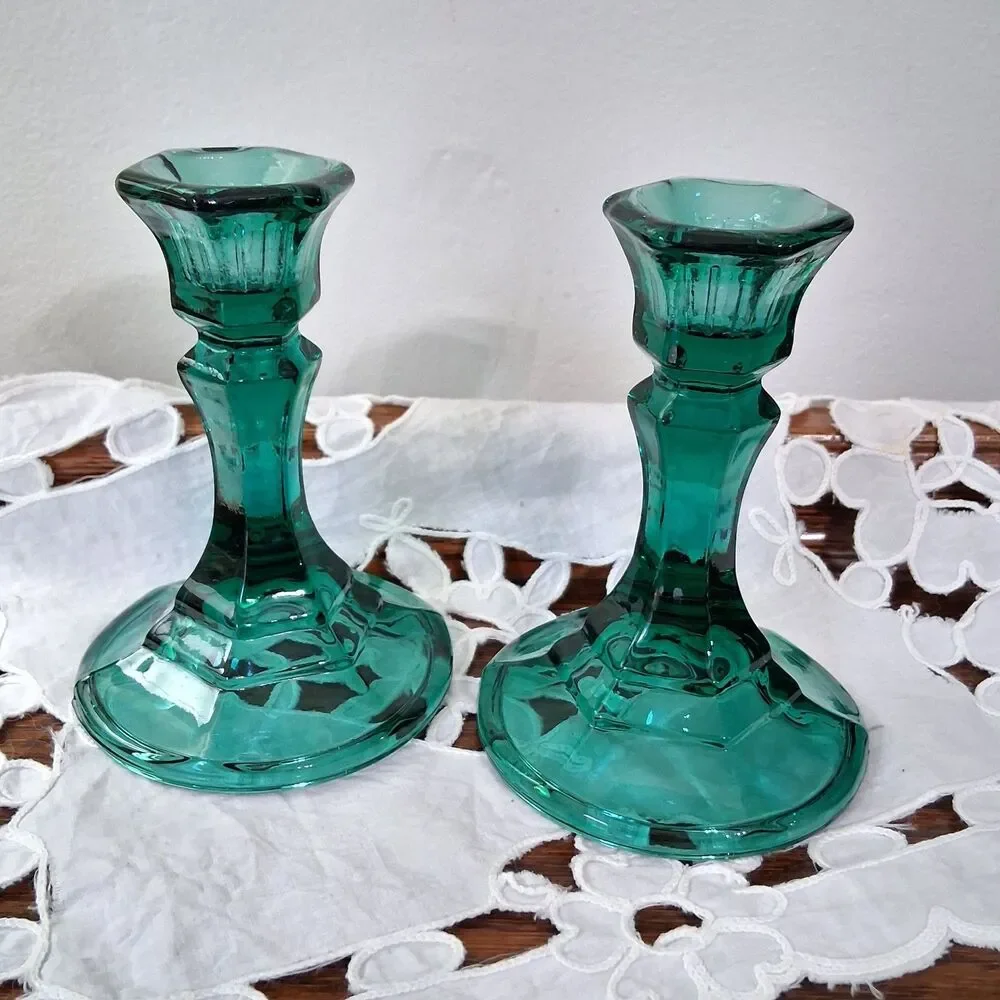 Vintage Pair Of Emerald Green Glass Candle Stick Holder 4.5